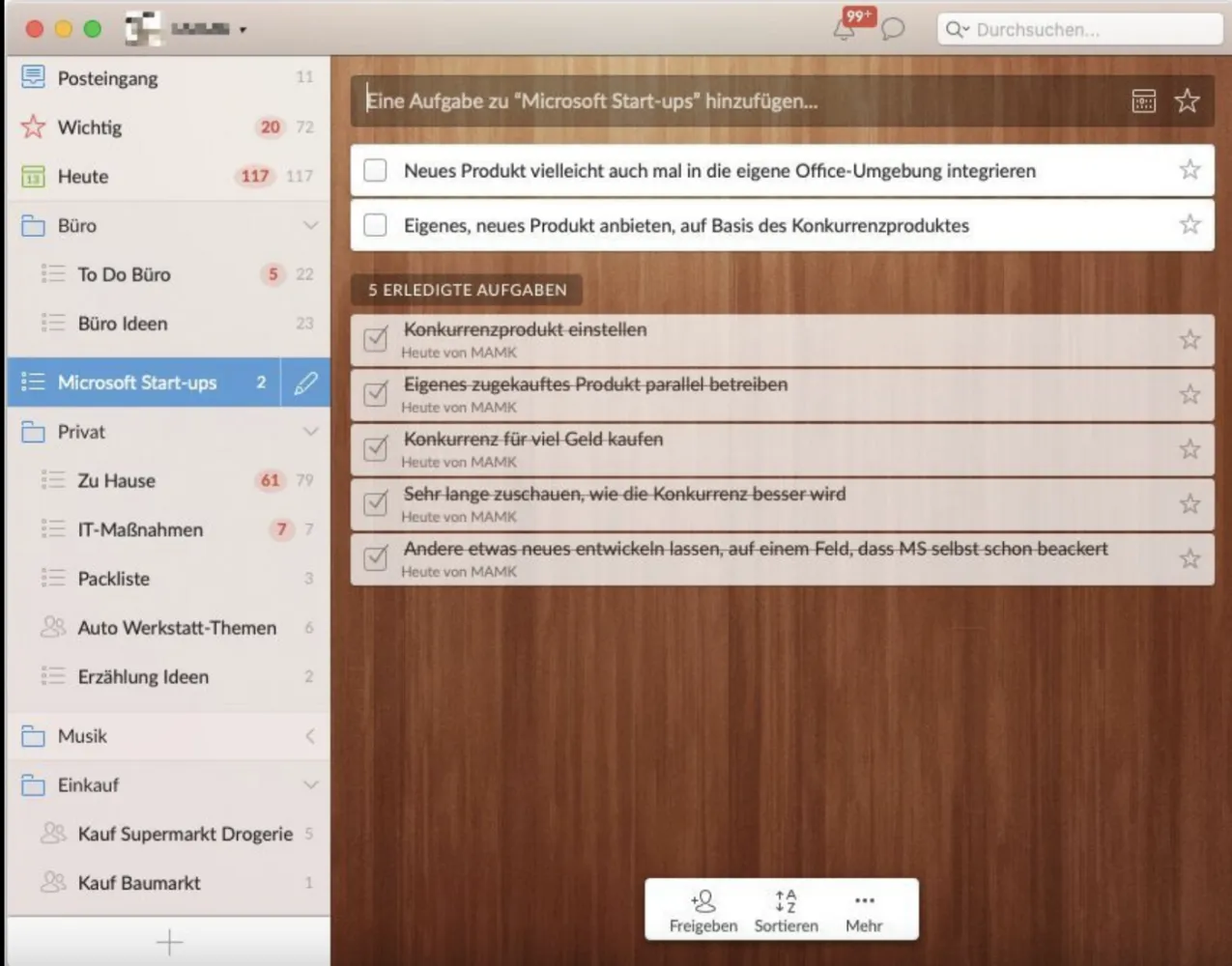 Wunderlist interface with a list titled Microsoft Start-ups
